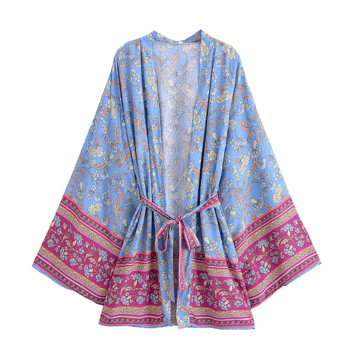 Border Print Bell Sleeve Belted Kimono - Blue