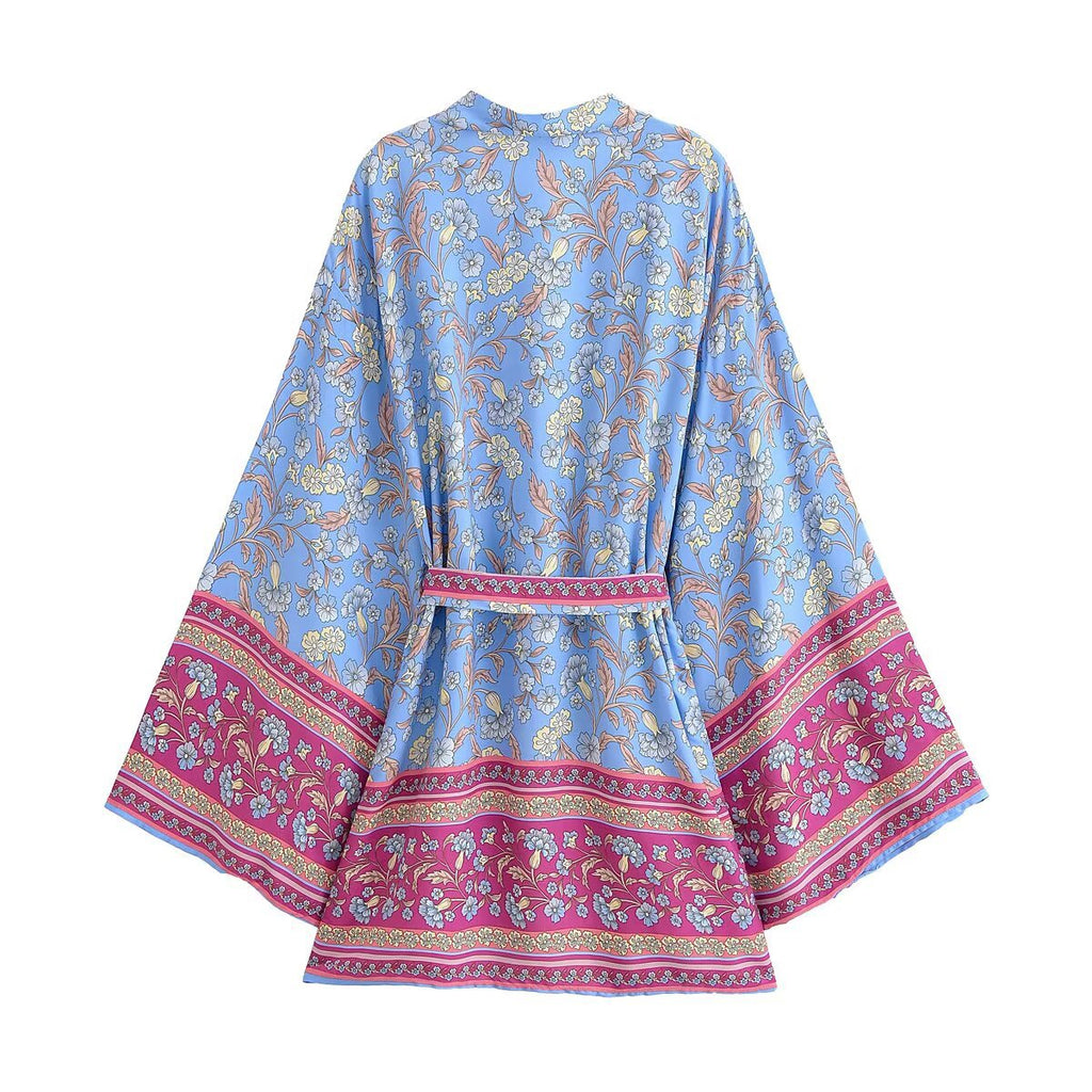 Border Print Bell Sleeve Belted Kimono - Blue - 1