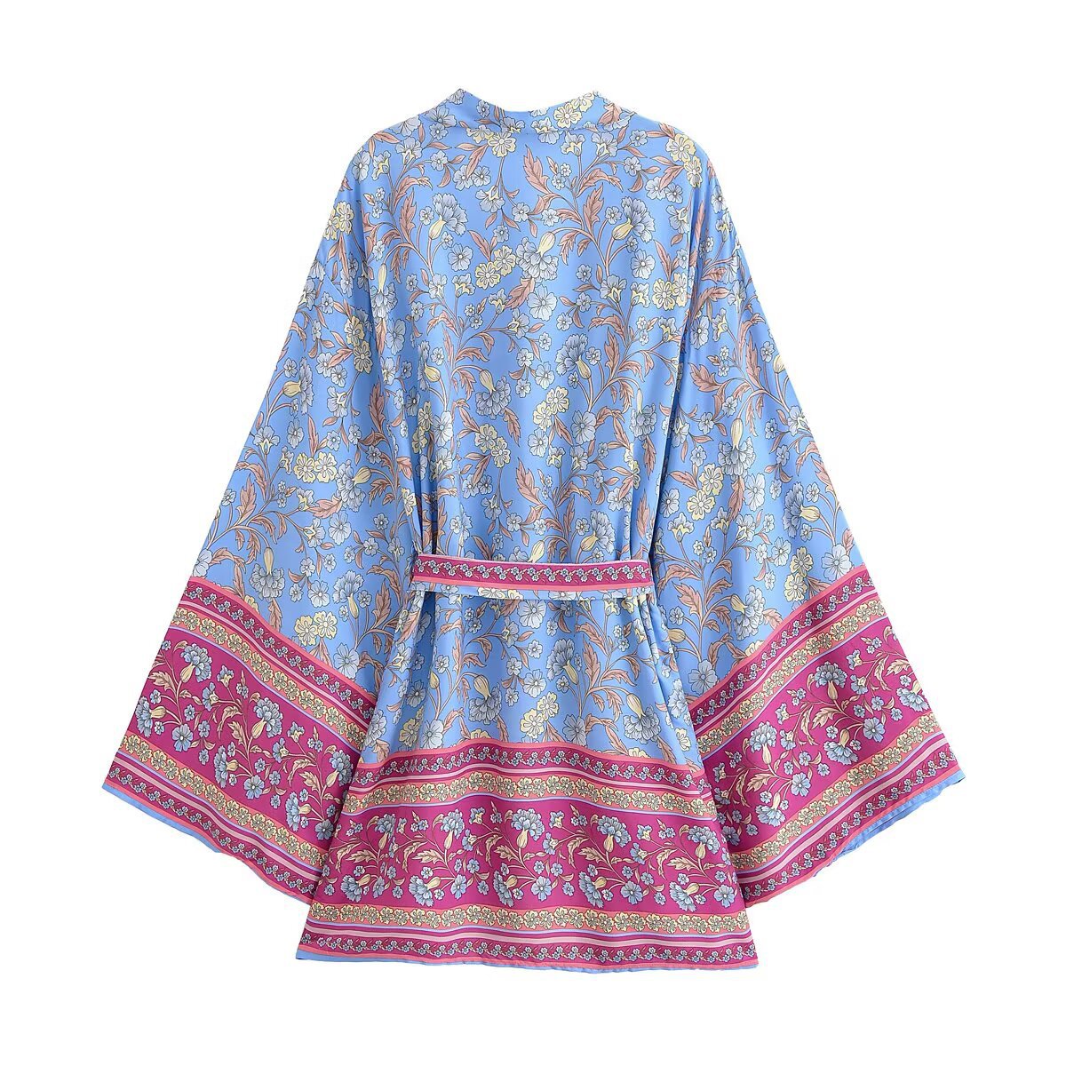 Border Print Bell Sleeve Belted Kimono - Blue - 1