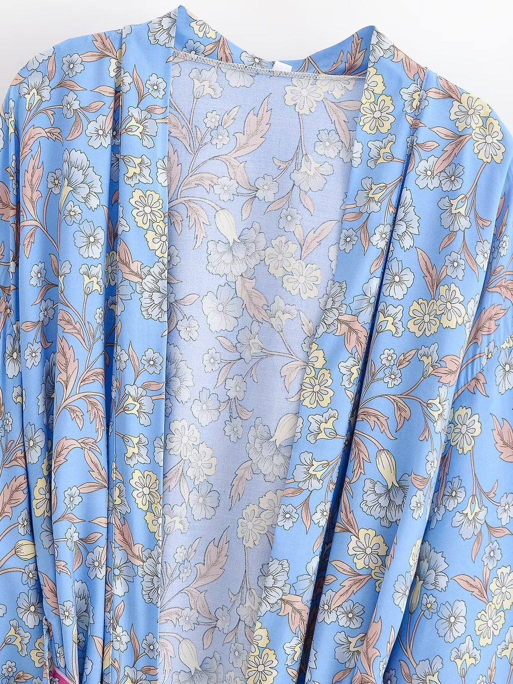 Border Print Bell Sleeve Belted Kimono - Blue - 2