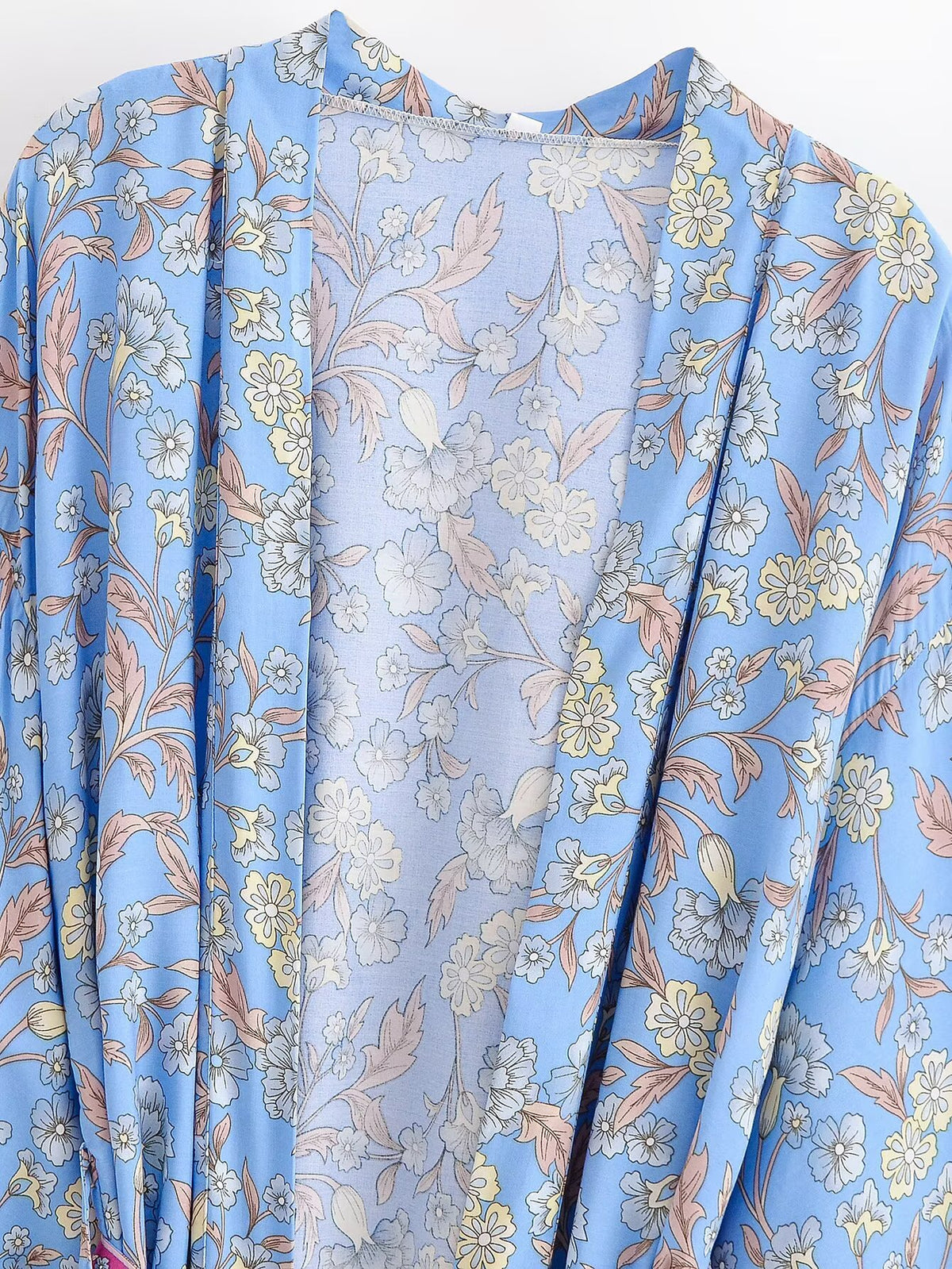 Border Print Bell Sleeve Belted Kimono - Blue - 2