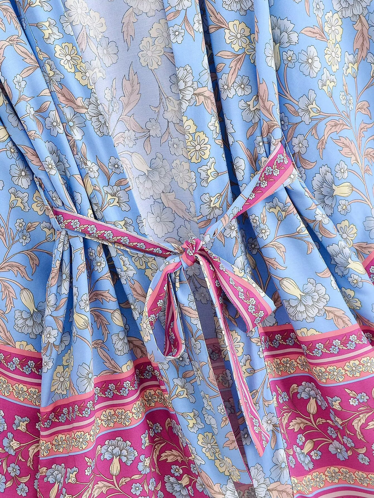 Border Print Bell Sleeve Belted Kimono - Blue - 3