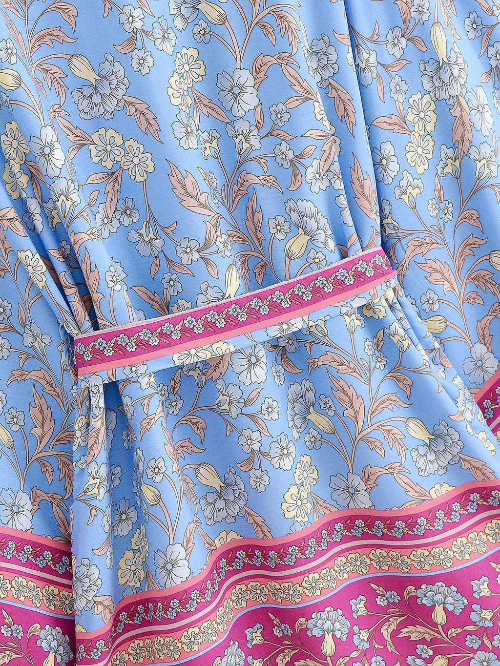 Border Print Bell Sleeve Belted Kimono - Blue - 4