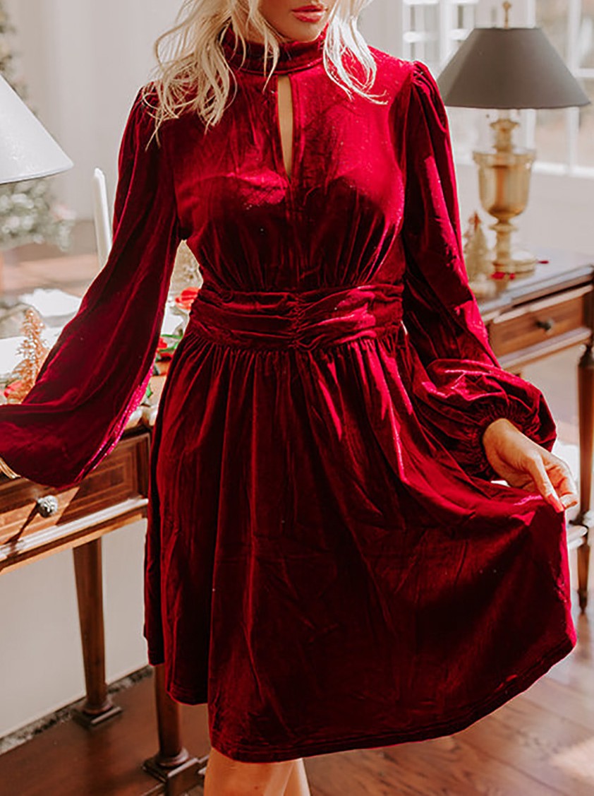 Velvet Keyhole Mock Neck Midi Dress - Winered