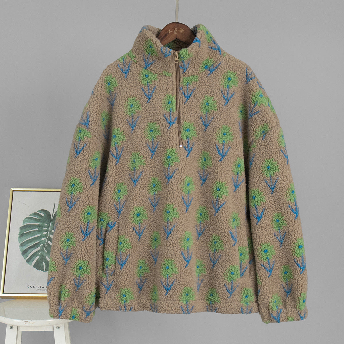 Blossom Print Teddy Fleece Half Zip Jacket - Green