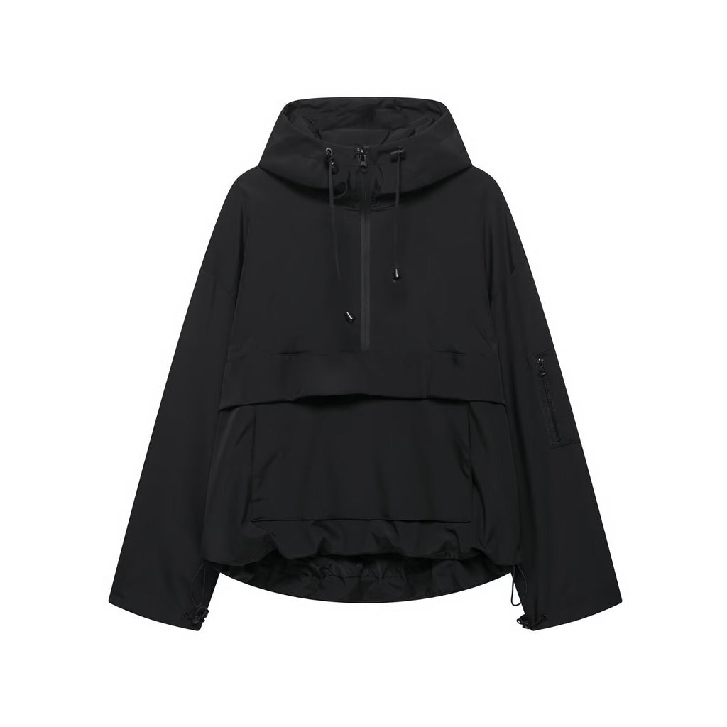 Half Zip Windbreaker Hoodie With Kangaroo Pocket - Black
