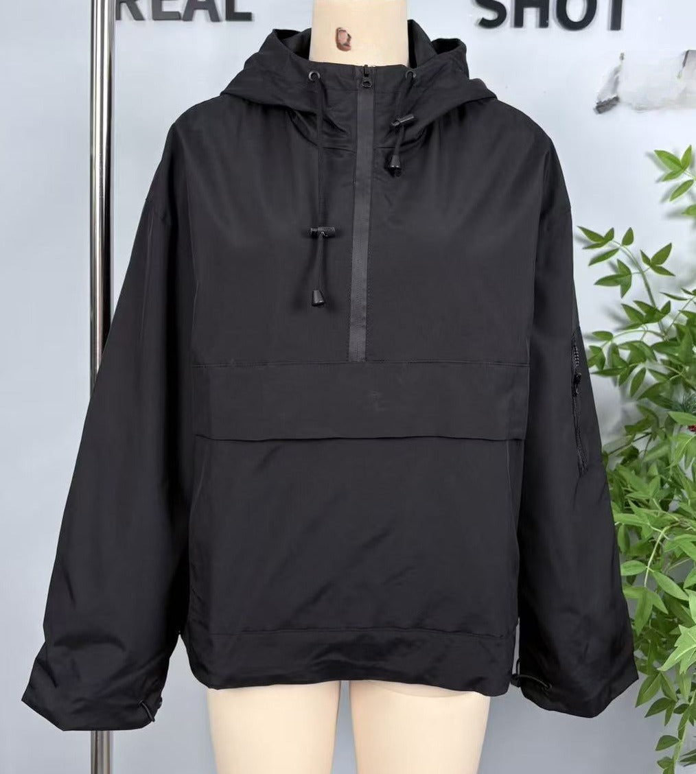 Half Zip Windbreaker Hoodie With Kangaroo Pocket - Black - 1