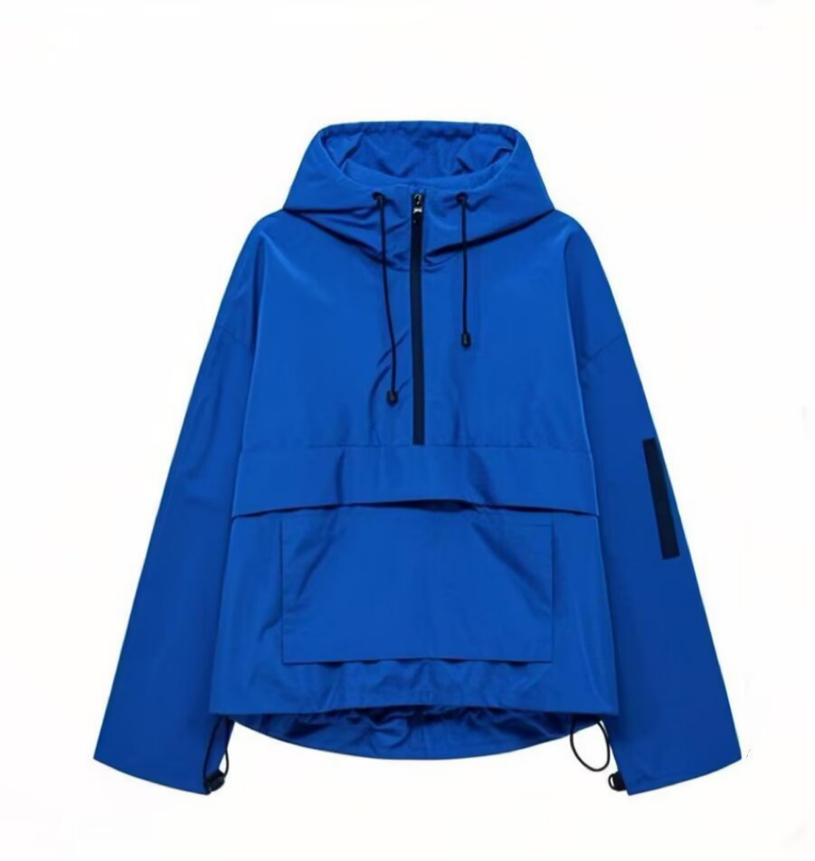 Half Zip Windbreaker Hoodie With Kangaroo Pocket - Blue - 1