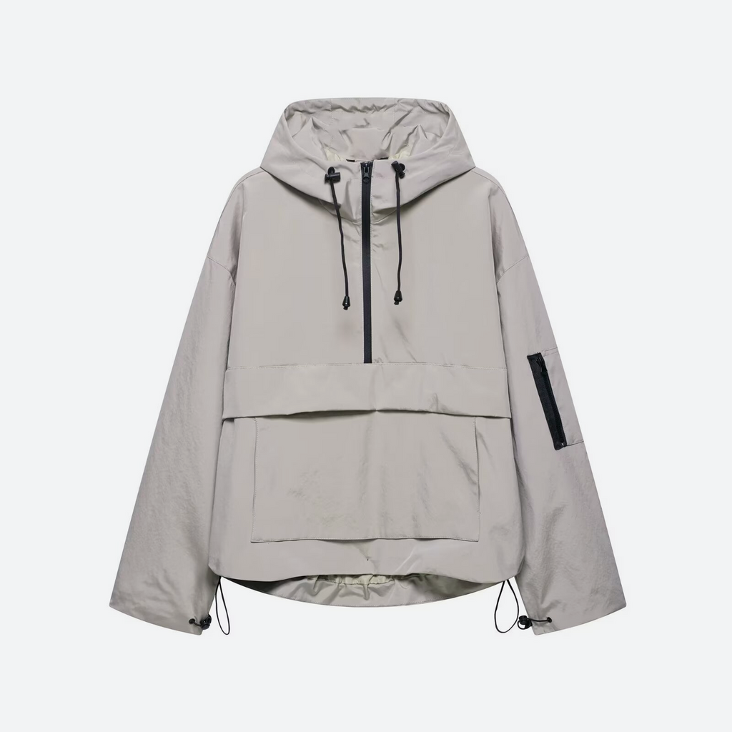 Half Zip Windbreaker Hoodie With Kangaroo Pocket - Grey