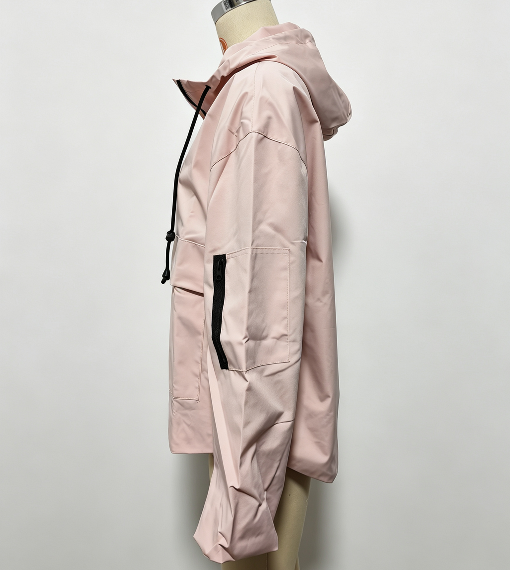 Half Zip Windbreaker Hoodie With Kangaroo Pocket - Pink - 1