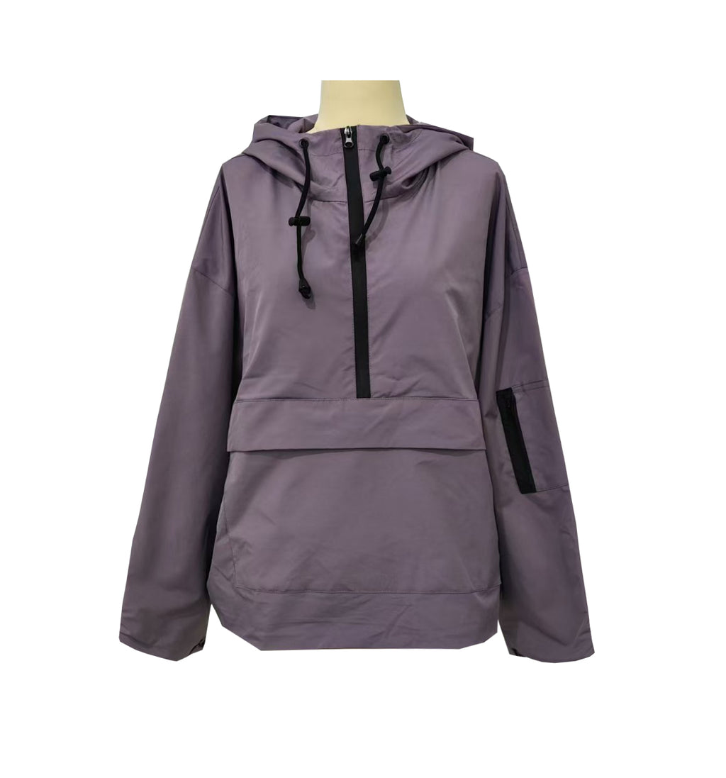 Half Zip Windbreaker Hoodie With Kangaroo Pocket - Purple