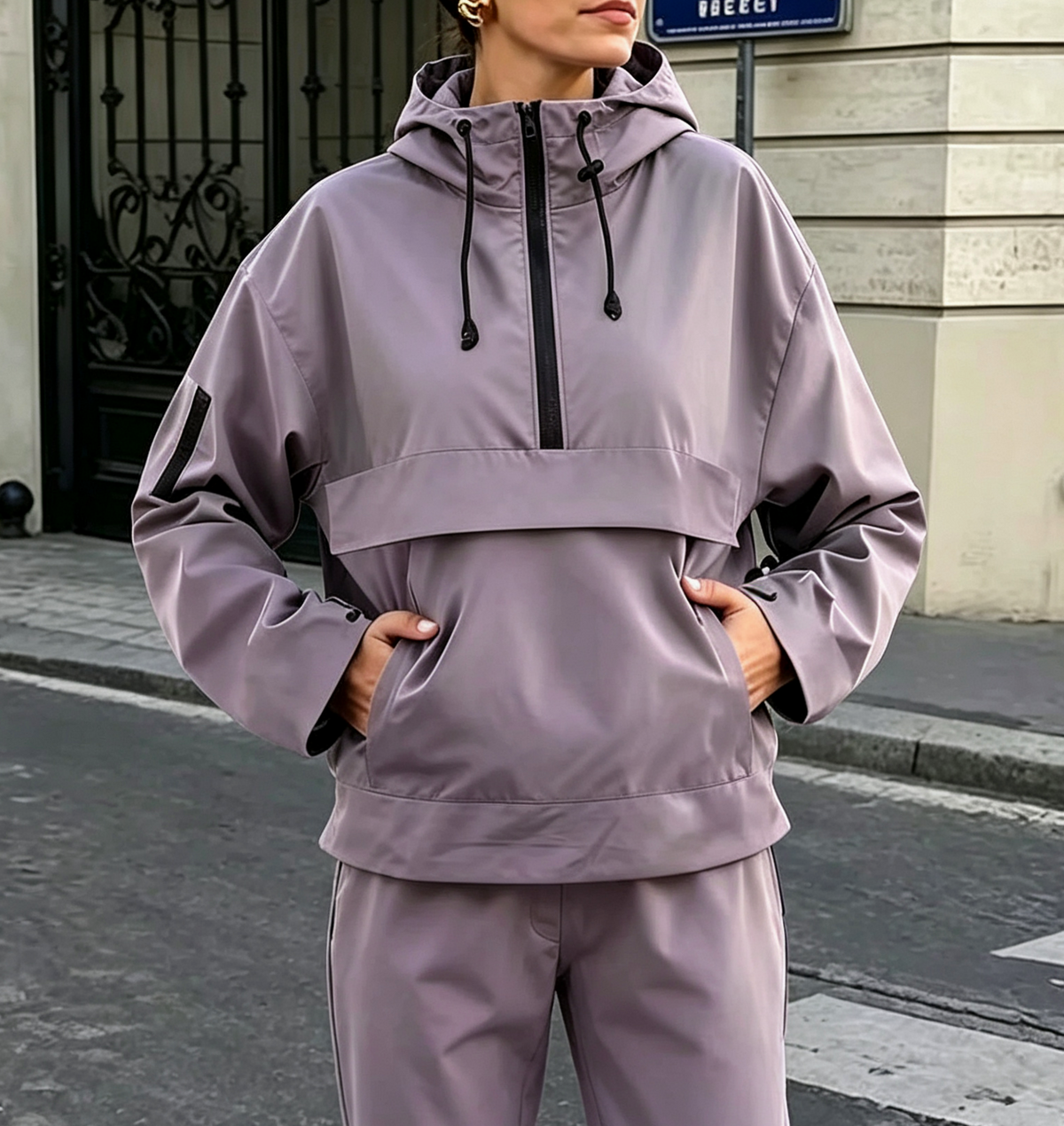 Half Zip Windbreaker Hoodie With Kangaroo Pocket - Purple - 1