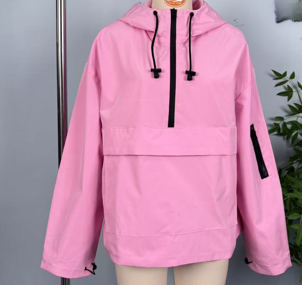 Half Zip Windbreaker Hoodie With Kangaroo Pocket - RosePink