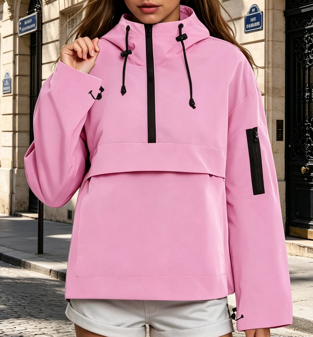 Half Zip Windbreaker Hoodie With Kangaroo Pocket - RosePink - 1