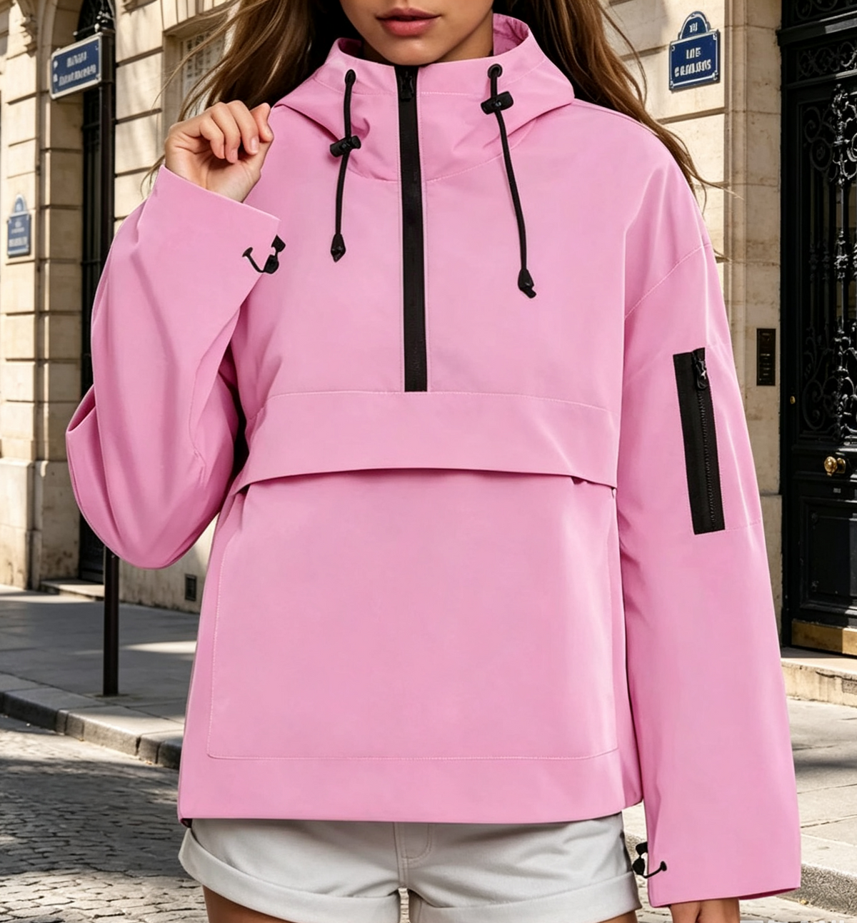 Half Zip Windbreaker Hoodie With Kangaroo Pocket - RosePink - 1