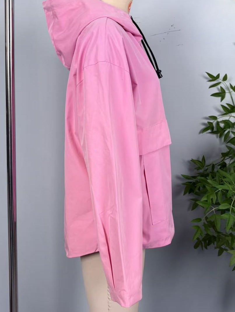 Half Zip Windbreaker Hoodie With Kangaroo Pocket - RosePink - 2
