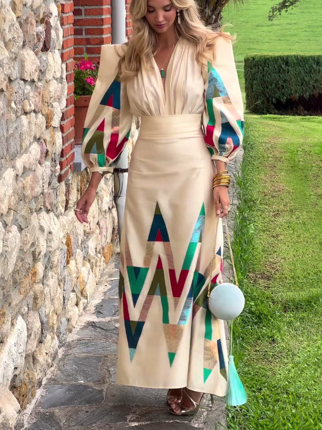 Chevron Print Blouse And Maxi Skirt Set - Apricot