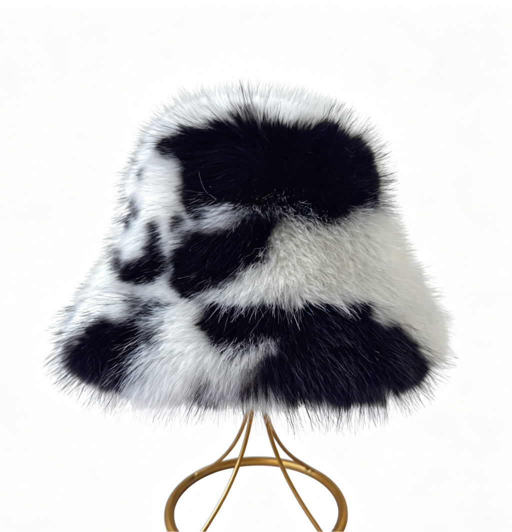 Spotted Faux Fur Bucket Hat Fluffy Winter Style - Black