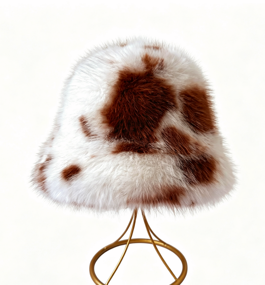 Spotted Faux Fur Bucket Hat Fluffy Winter Style - Brown