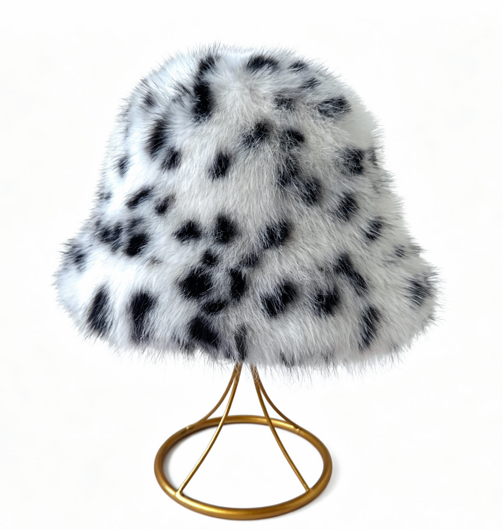 Spotted Faux Fur Bucket Hat Fluffy Winter Style - Grey