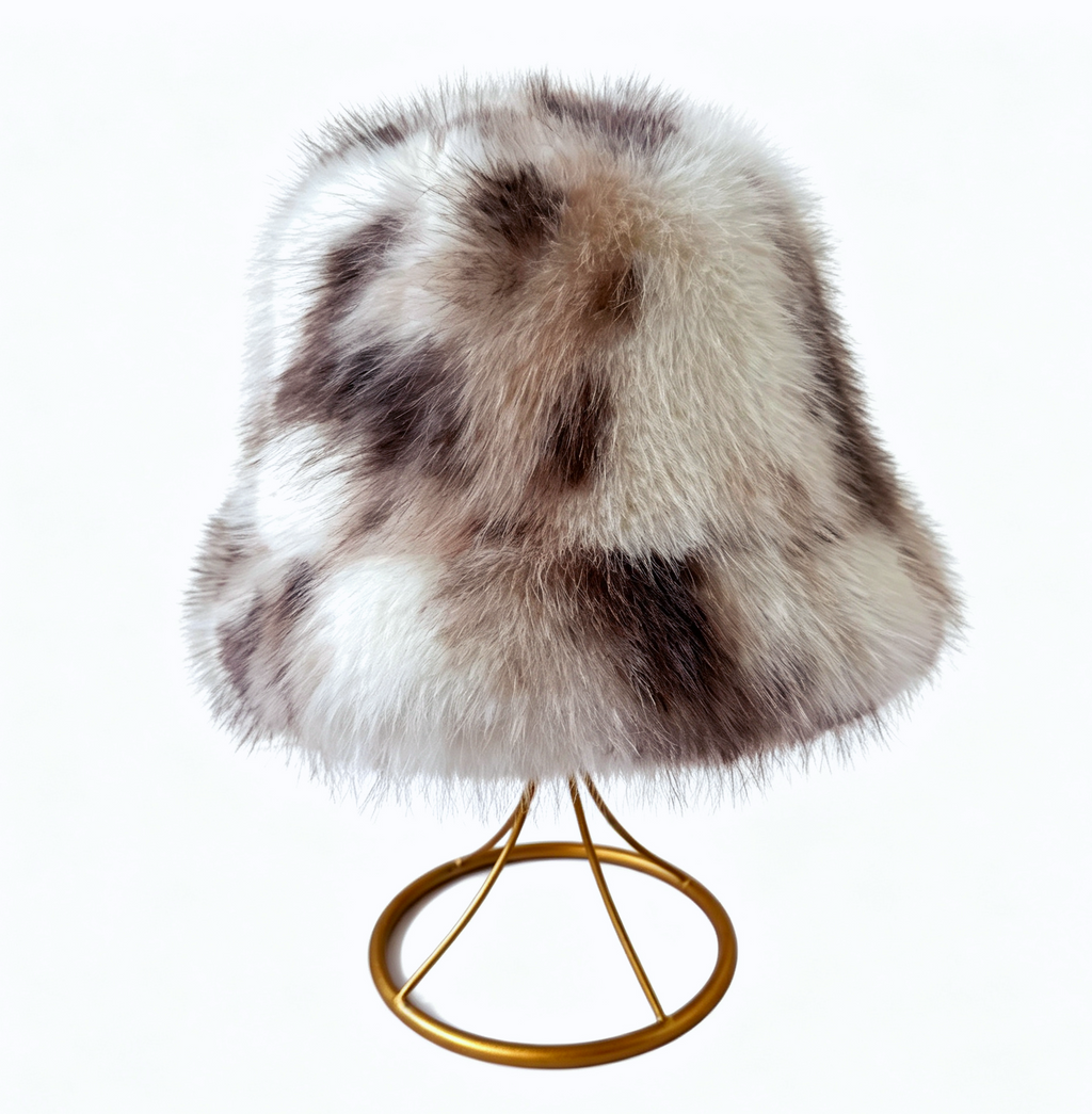 Spotted Faux Fur Bucket Hat Fluffy Winter Style - Khaki