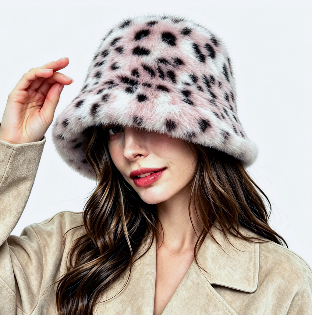 Spotted Faux Fur Bucket Hat Fluffy Winter Style - Taupe