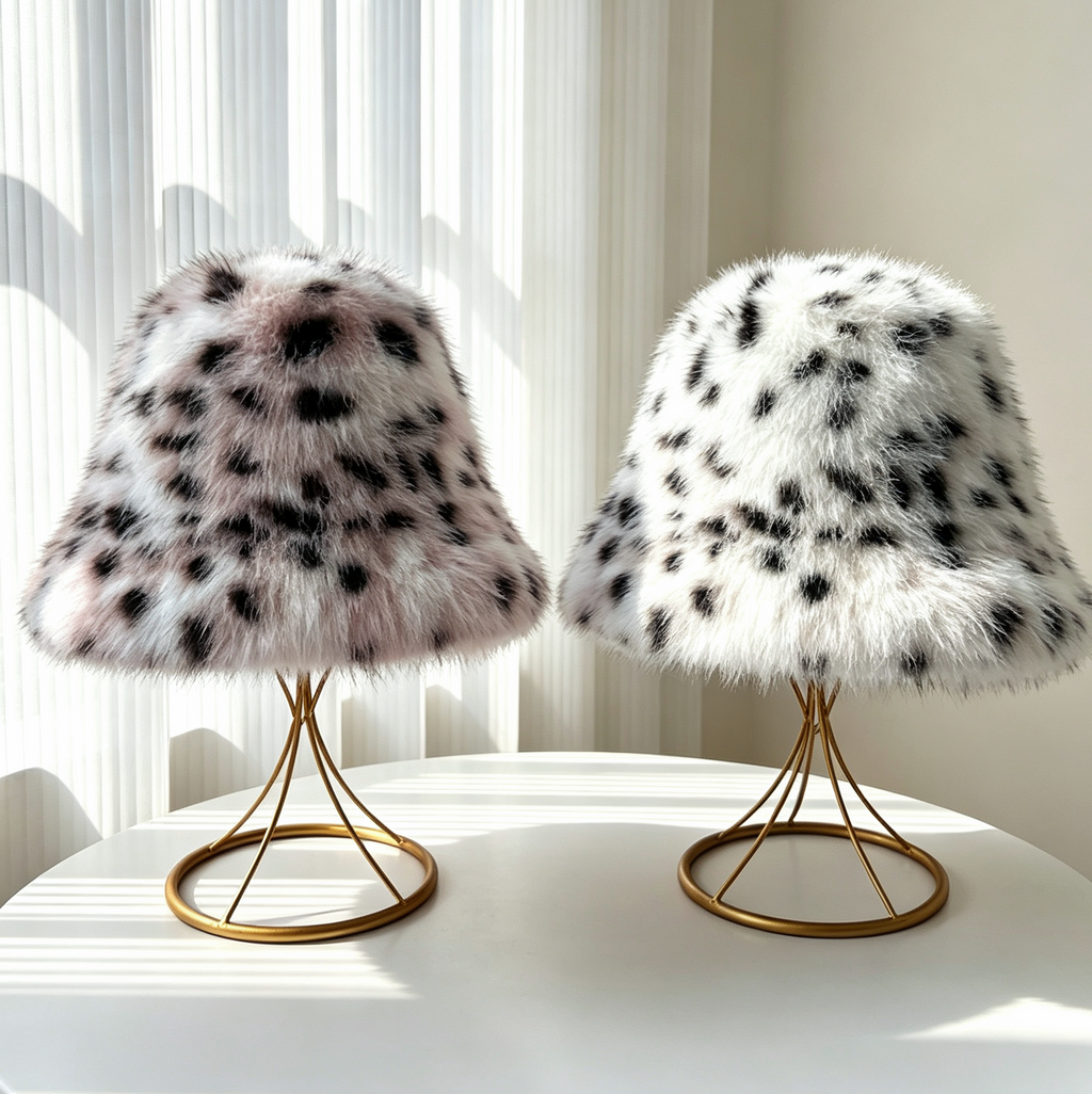 Spotted Faux Fur Bucket Hat Fluffy Winter Style - Taupe - 3