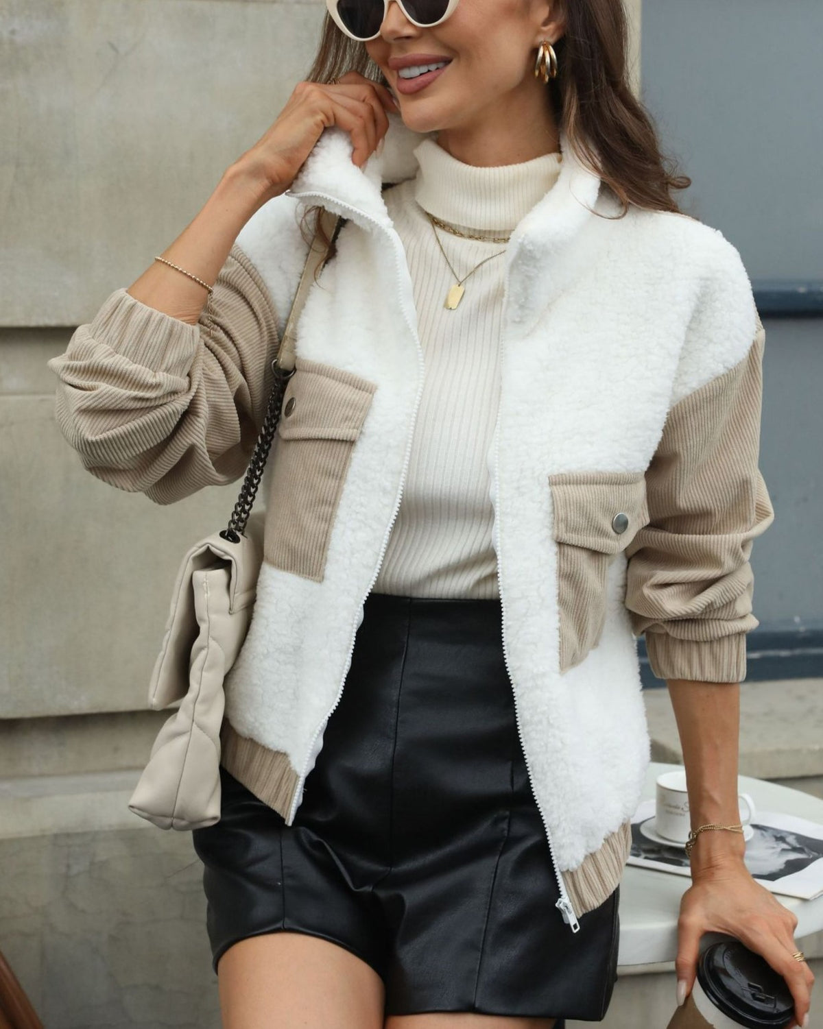 Sherpa Corduroy Patchwork Zip Up Jacket - White - 1