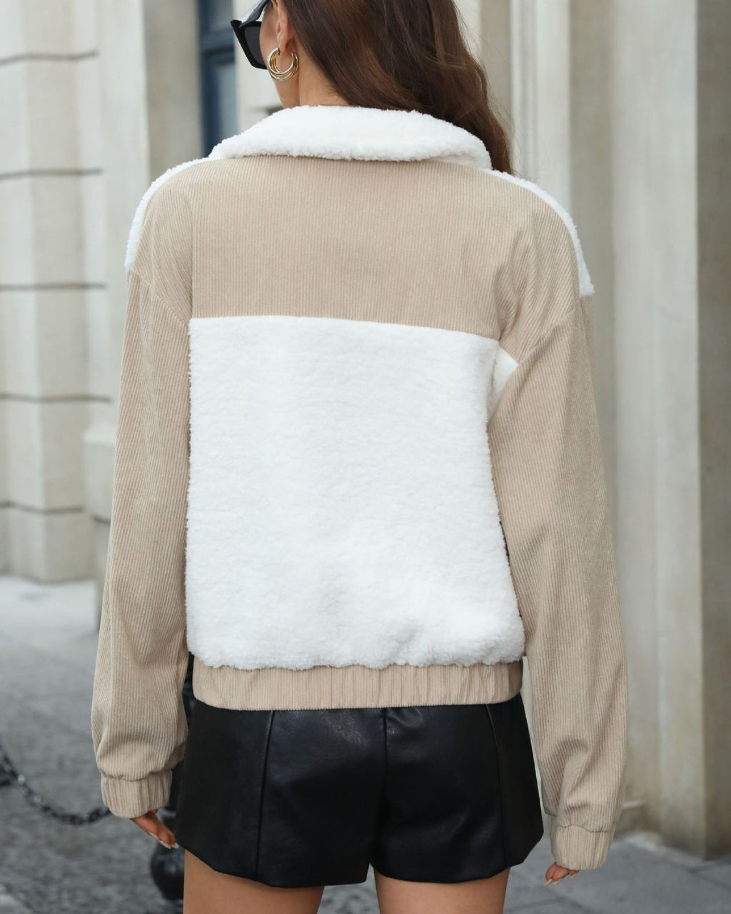 Sherpa Corduroy Patchwork Zip Up Jacket - White - 2