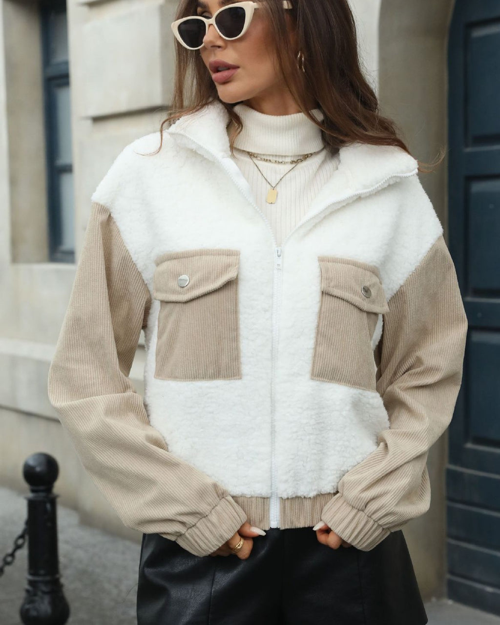 Sherpa Corduroy Patchwork Zip Up Jacket - White - 3