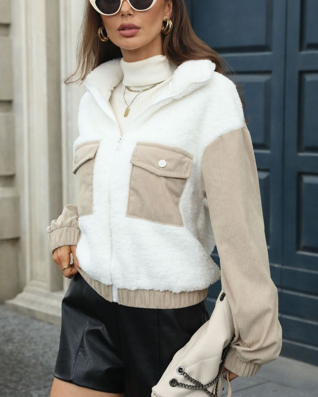 Sherpa Corduroy Patchwork Zip Up Jacket - White - 4