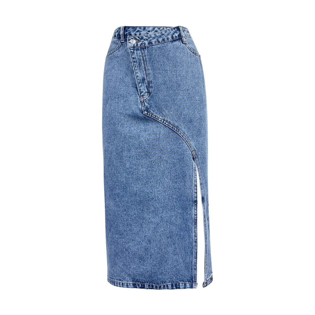 Asymmetric Front Slit Denim Midi Skirt - Blue