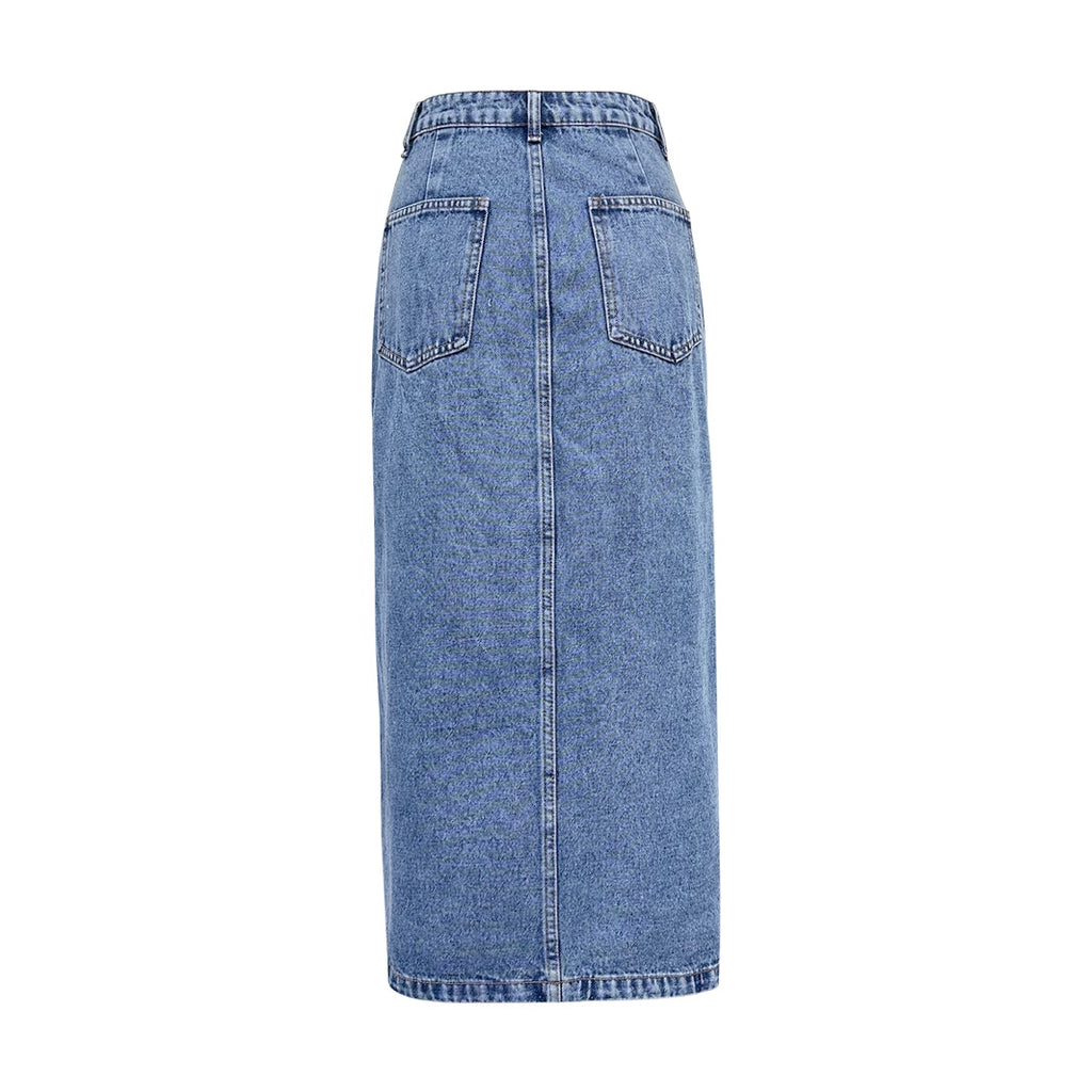 Asymmetric Front Slit Denim Midi Skirt - Blue - 1