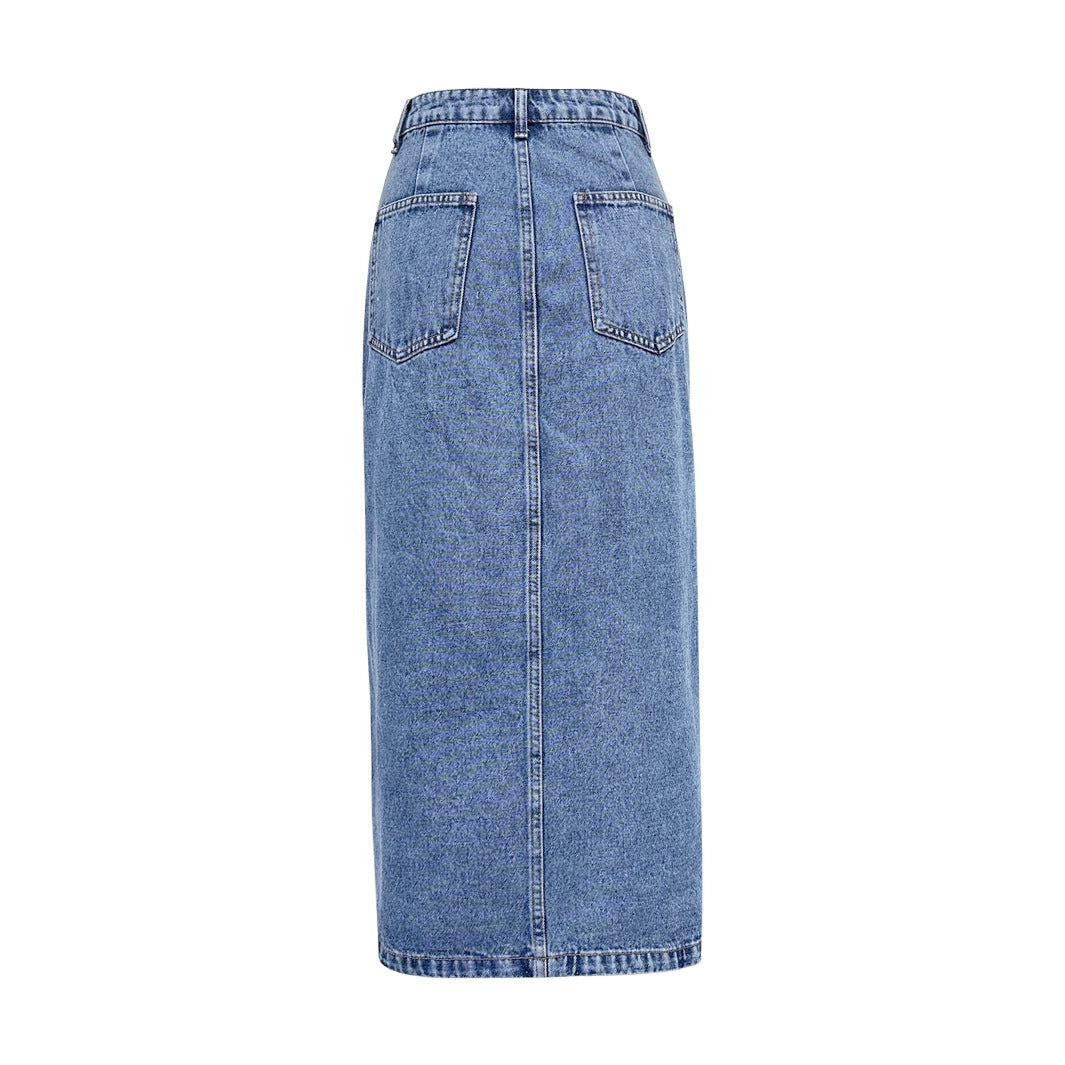 Asymmetric Front Slit Denim Midi Skirt - Blue - 1