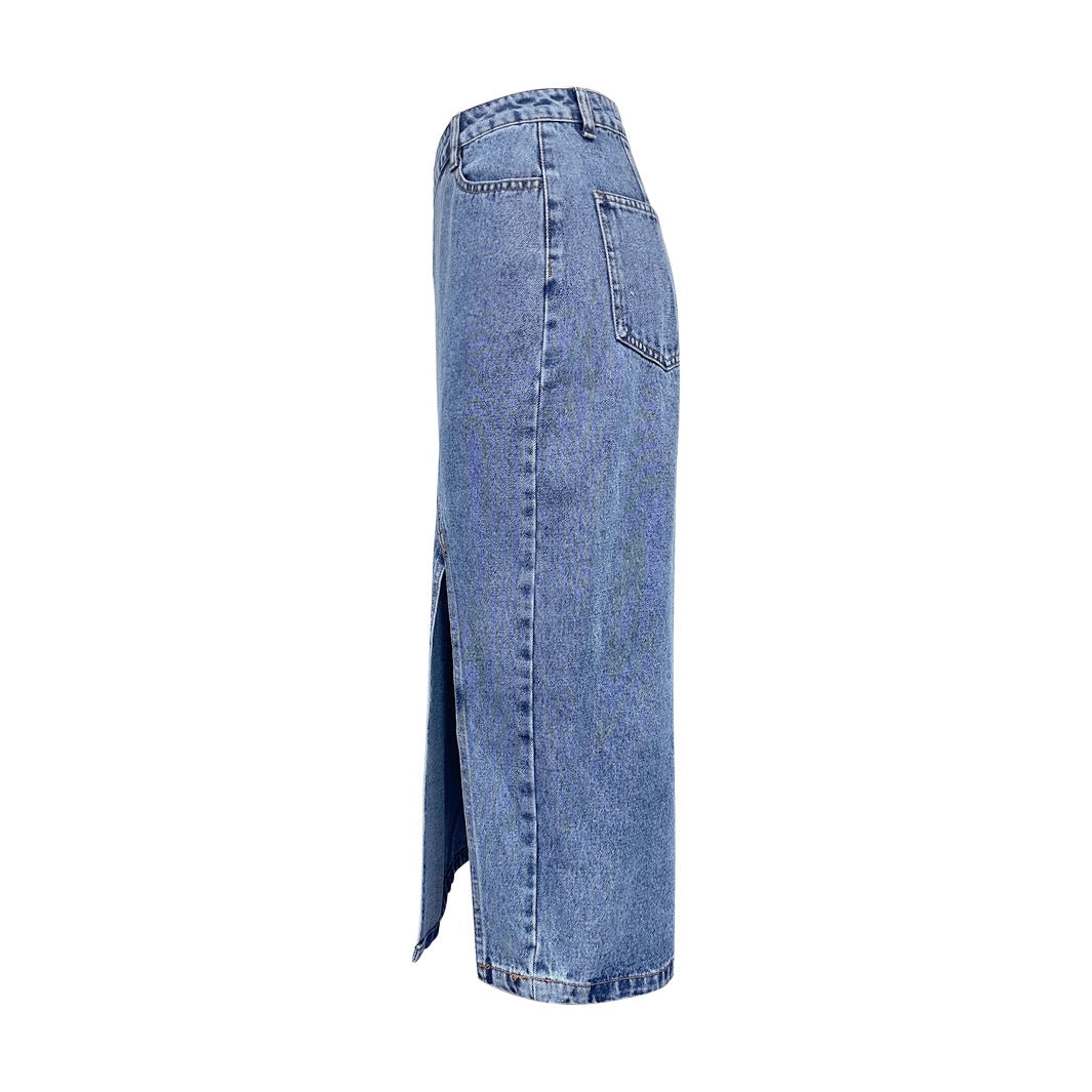 Asymmetric Front Slit Denim Midi Skirt - Blue - 2