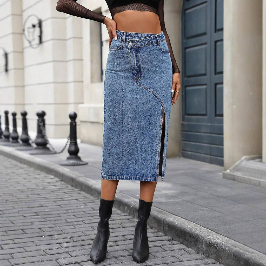 Asymmetric Front Slit Denim Midi Skirt