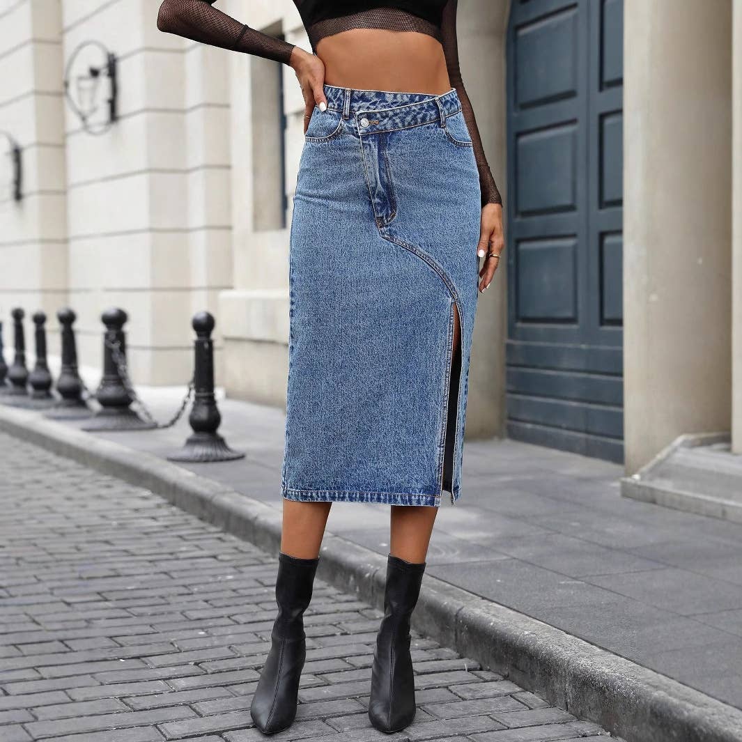 Asymmetric Front Slit Denim Midi Skirt