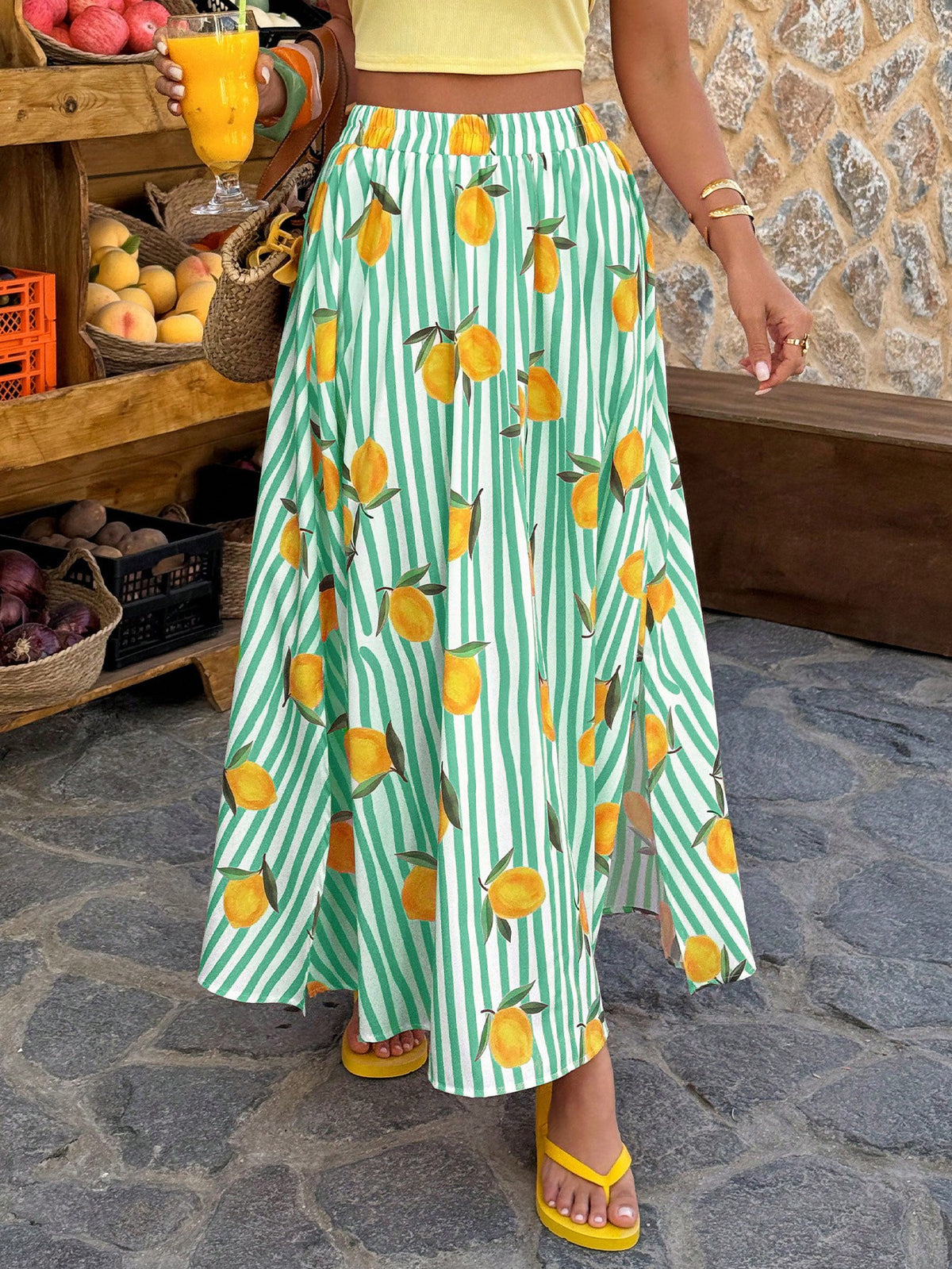 Lemon Print Striped Flowy Maxi Skirt - Green