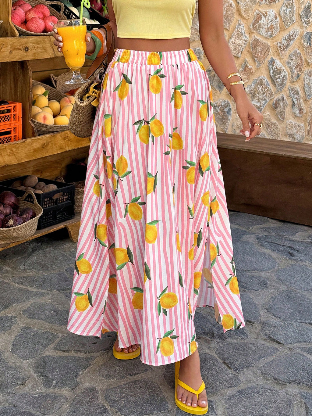 Lemon Print Striped Flowy Maxi Skirt - Pink