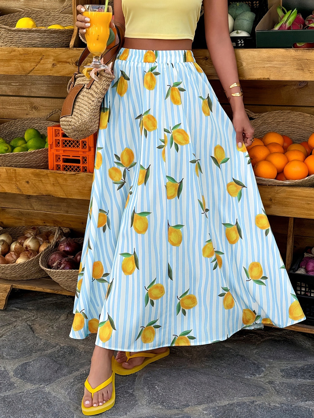 Lemon Print Striped Flowy Maxi Skirt - SkyBlue