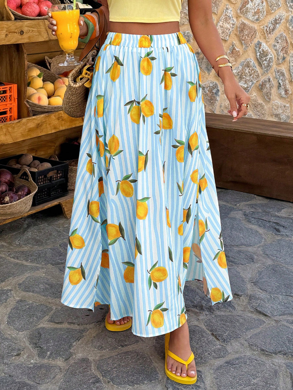 Lemon Print Striped Flowy Maxi Skirt - SkyBlue - 1
