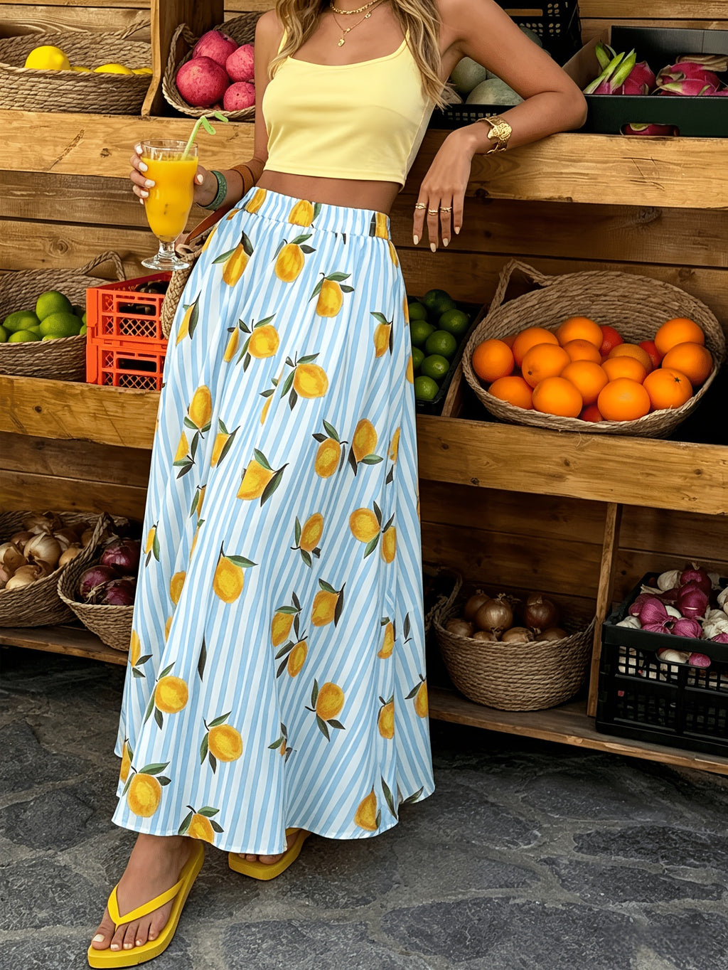 Lemon Print Striped Flowy Maxi Skirt - SkyBlue - 2