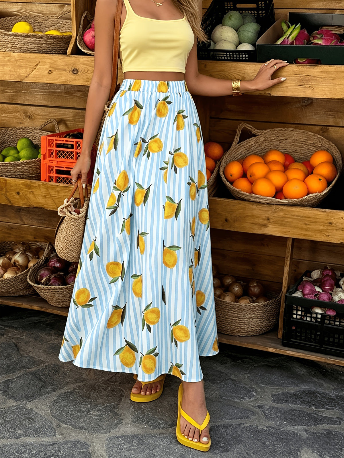 Lemon Print Striped Flowy Maxi Skirt - SkyBlue - 3