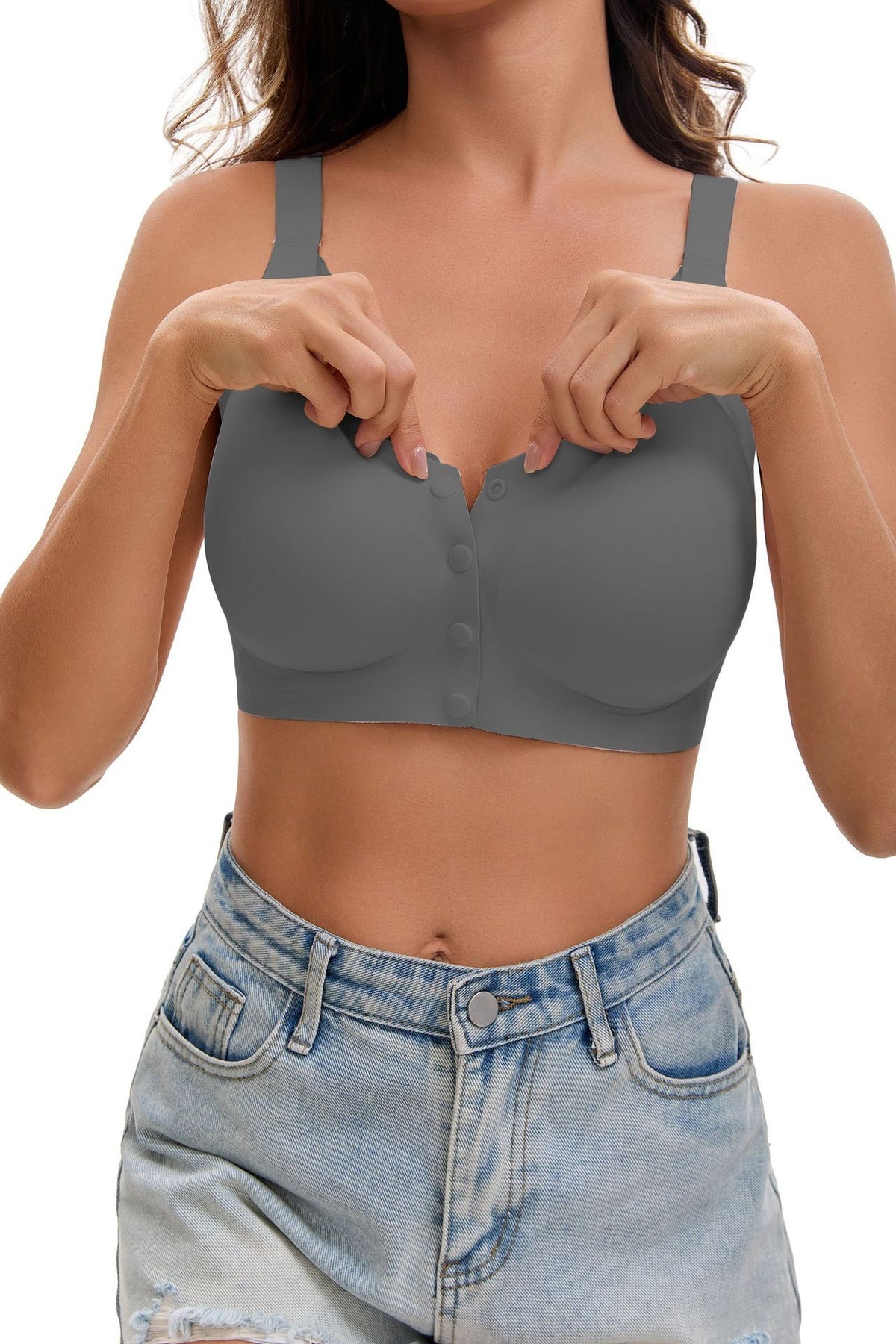 Seamless Lace Trim Front Button Wireless Bra