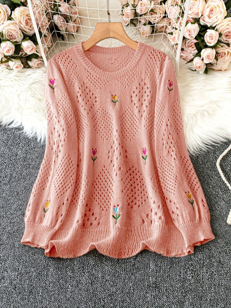 Tulip Embroidery Pointelle Knit Sweater - Peach
