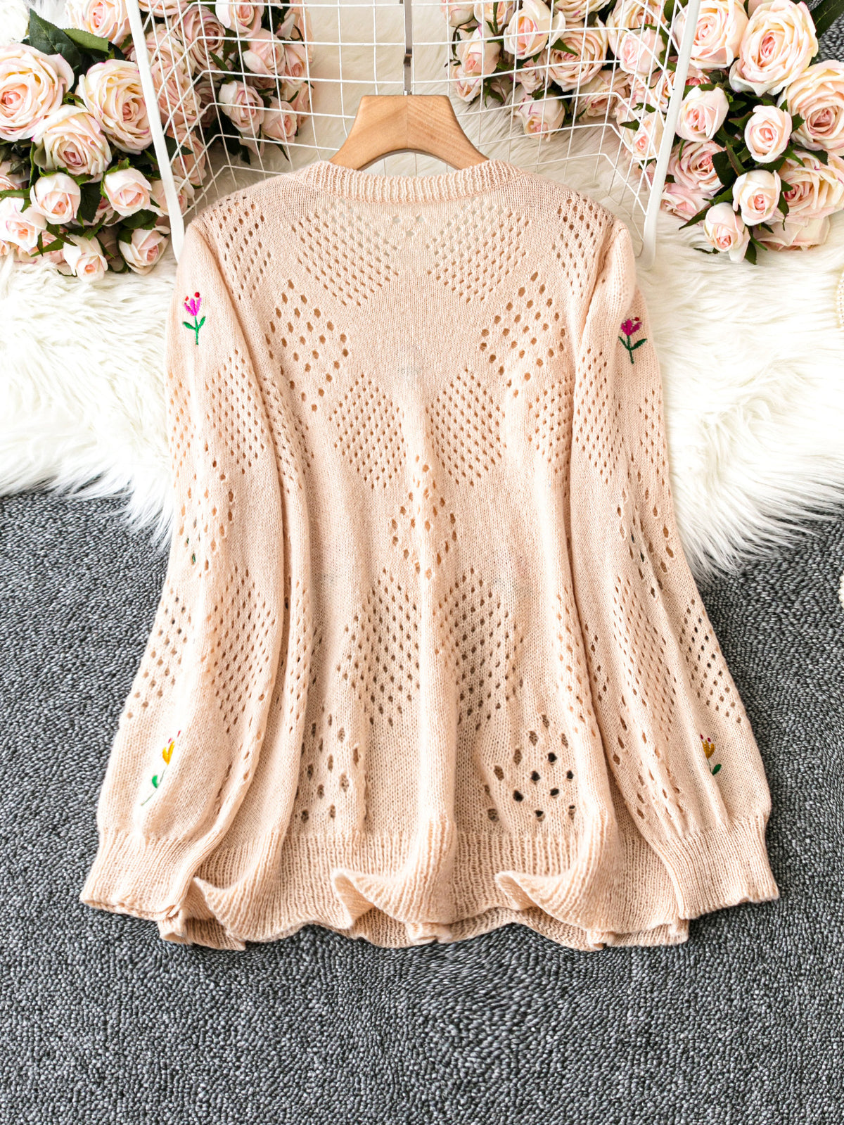 Tulip Embroidery Pointelle Knit Sweater