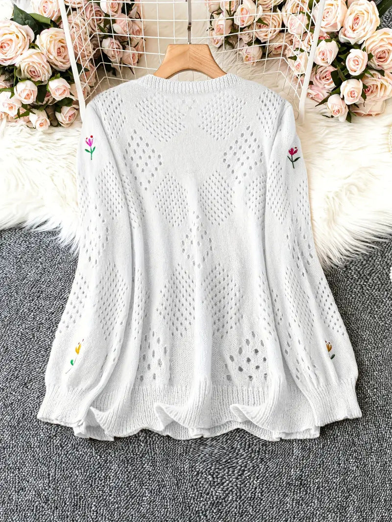 Tulip Embroidery Pointelle Knit Sweater - view 1