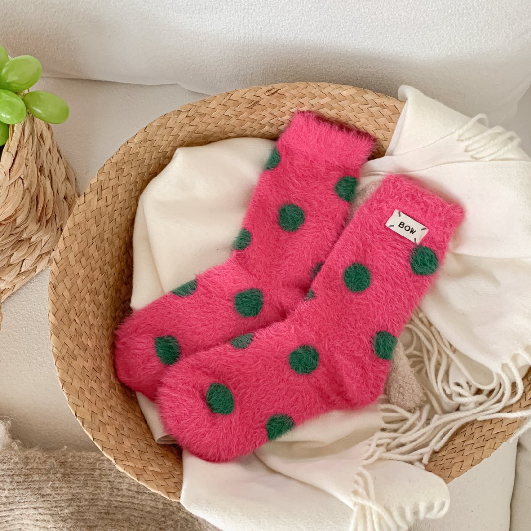 Fuzzy Polka Dot Plush Sleep Socks - RoseRed