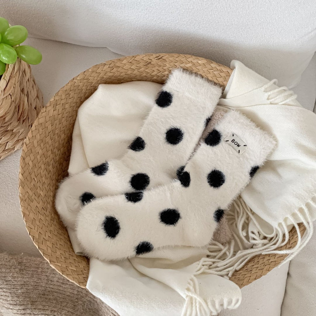 Fuzzy Polka Dot Plush Sleep Socks - White