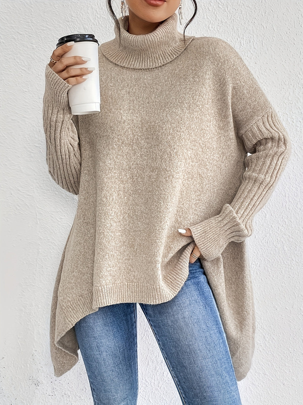 Oversized Turtleneck Asymmetric Hem Tunic Sweater - Apricot